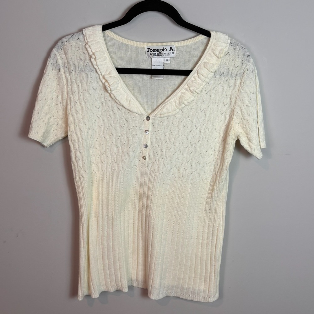VTG Jospeh A Womens 100% Cotton Beige Short Sleeve Ruffle V Neck Sweater MED Y2K